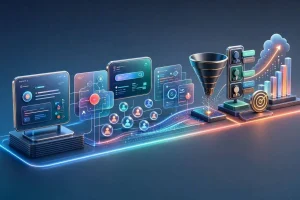 تصویر سه بعدی مسیر طراحی سایت تا جذب مشتری و رشد کسب‌وکار