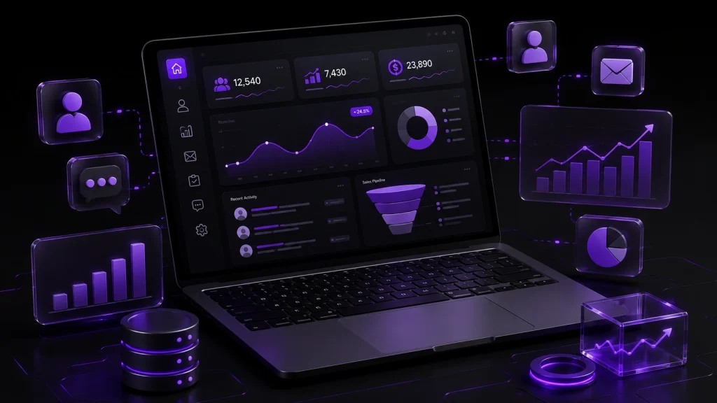 داشبورد سه بعدی CRM تحت وب برای مدیریت مشتریان و فروش